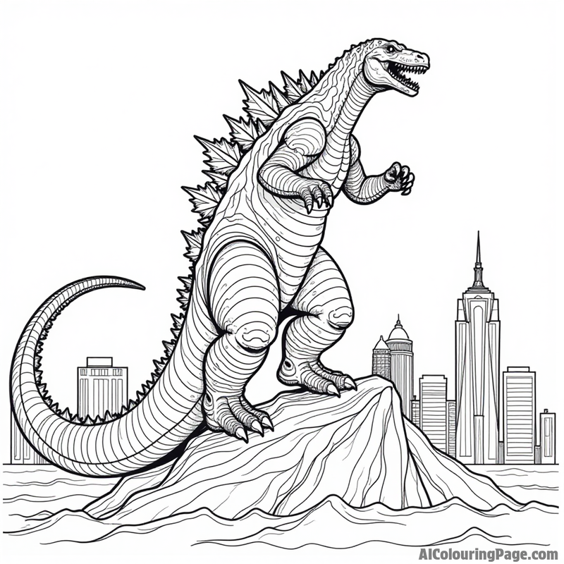 Godzilla stomping on a skyscraper