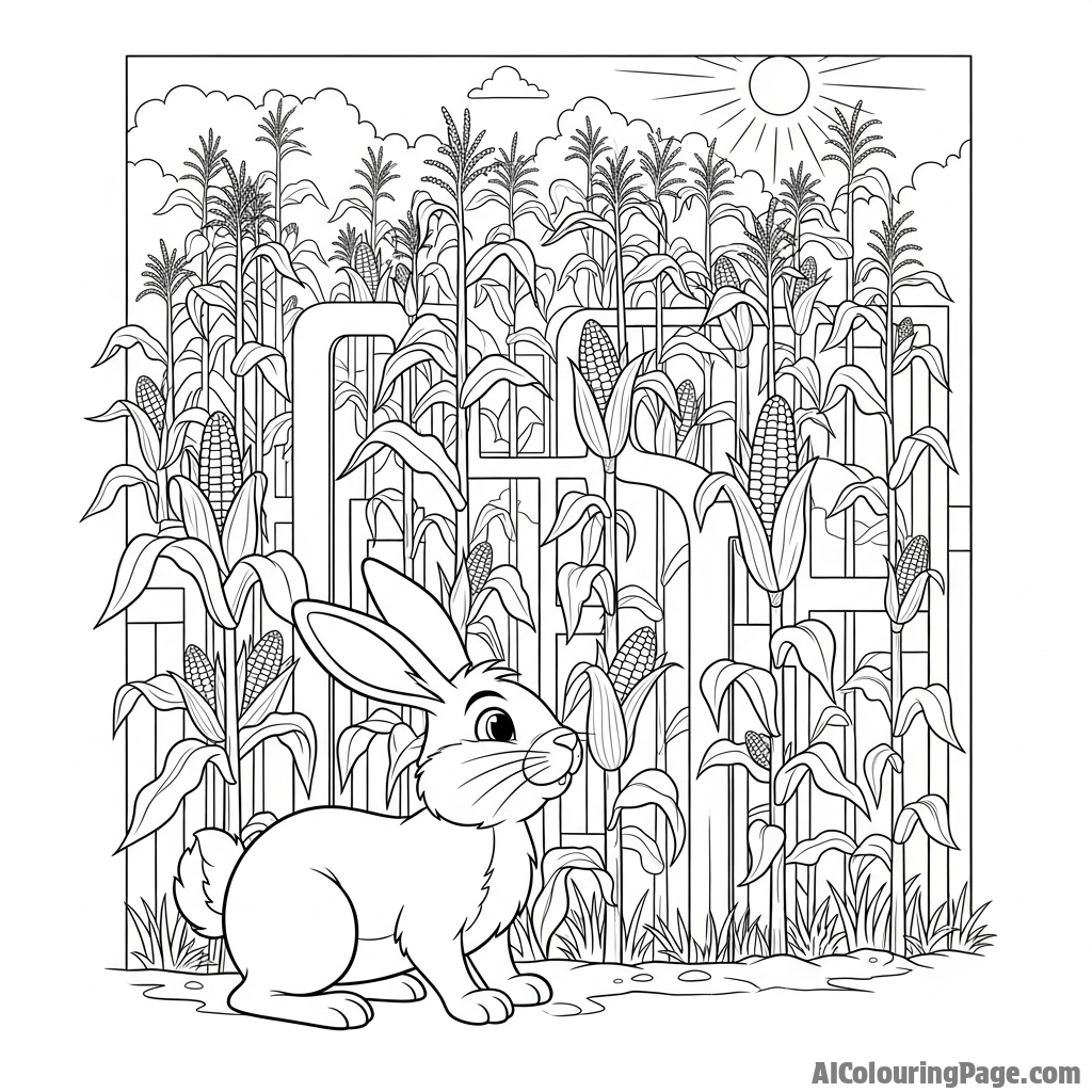 A rabbit navigating a maze of tall, sun-bleached corn stalks.
