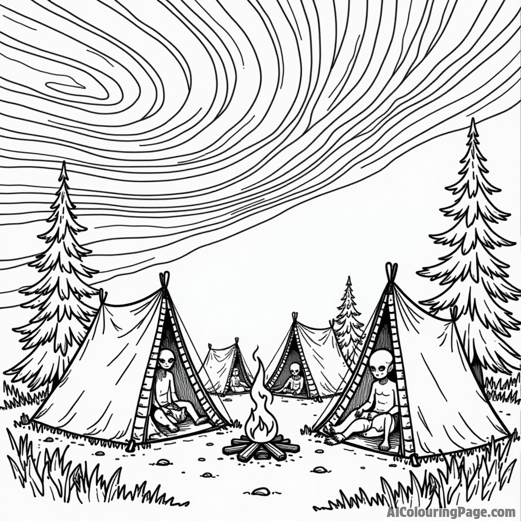 A group of aliens camping under a colorful aurora with unique tents and a glowing campfire, ideal for imaginative coloring.