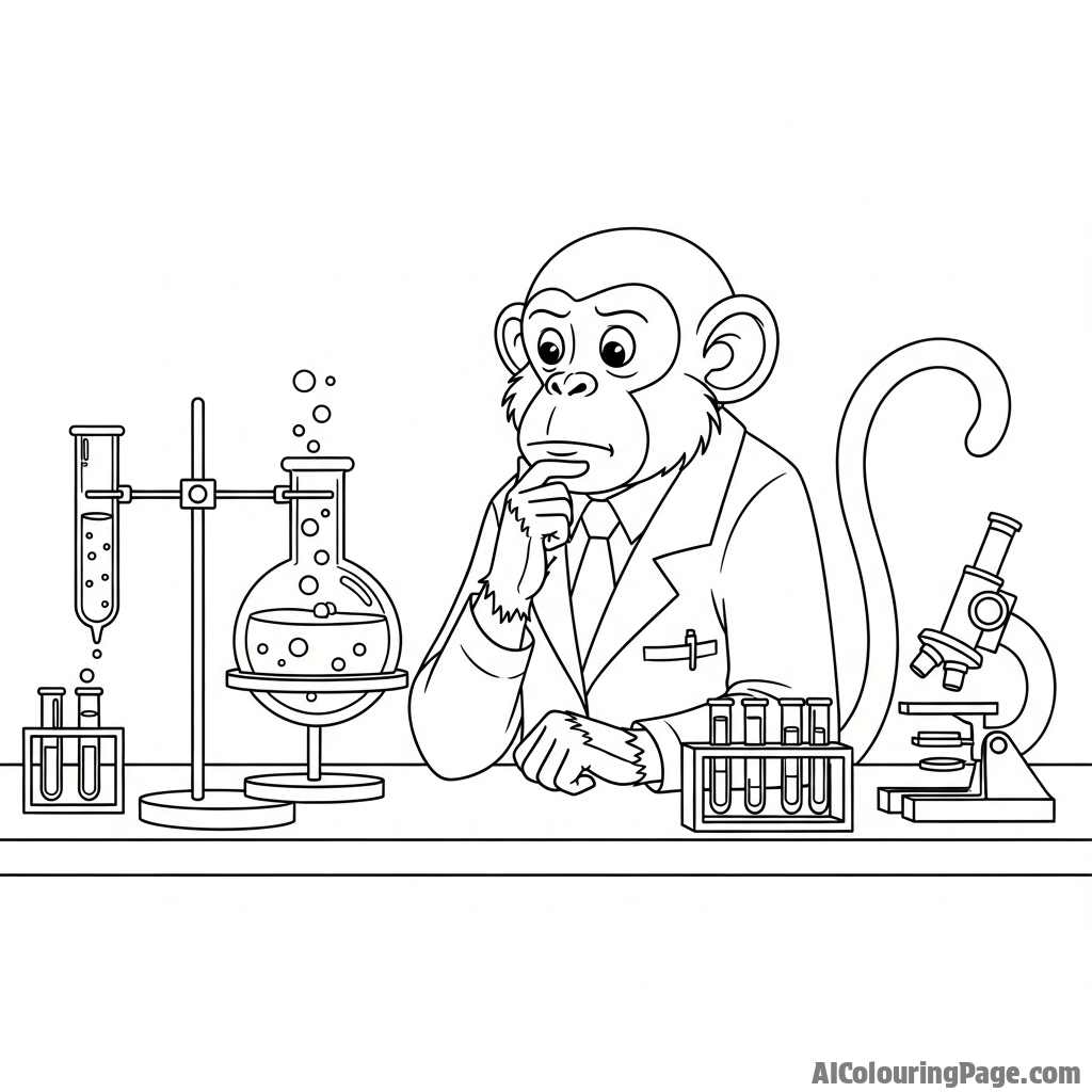 A monkey scientist in a lab coat, looking thoughtfully at a bubbling beaker.