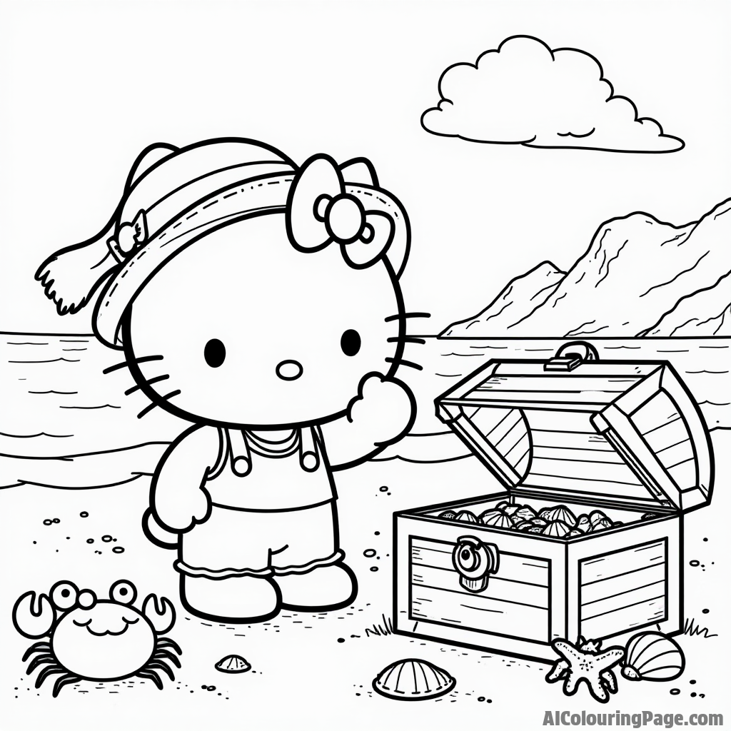 Hello Kitty discovering a hidden treasure chest on a beach with seashells, a map, and a friendly crab