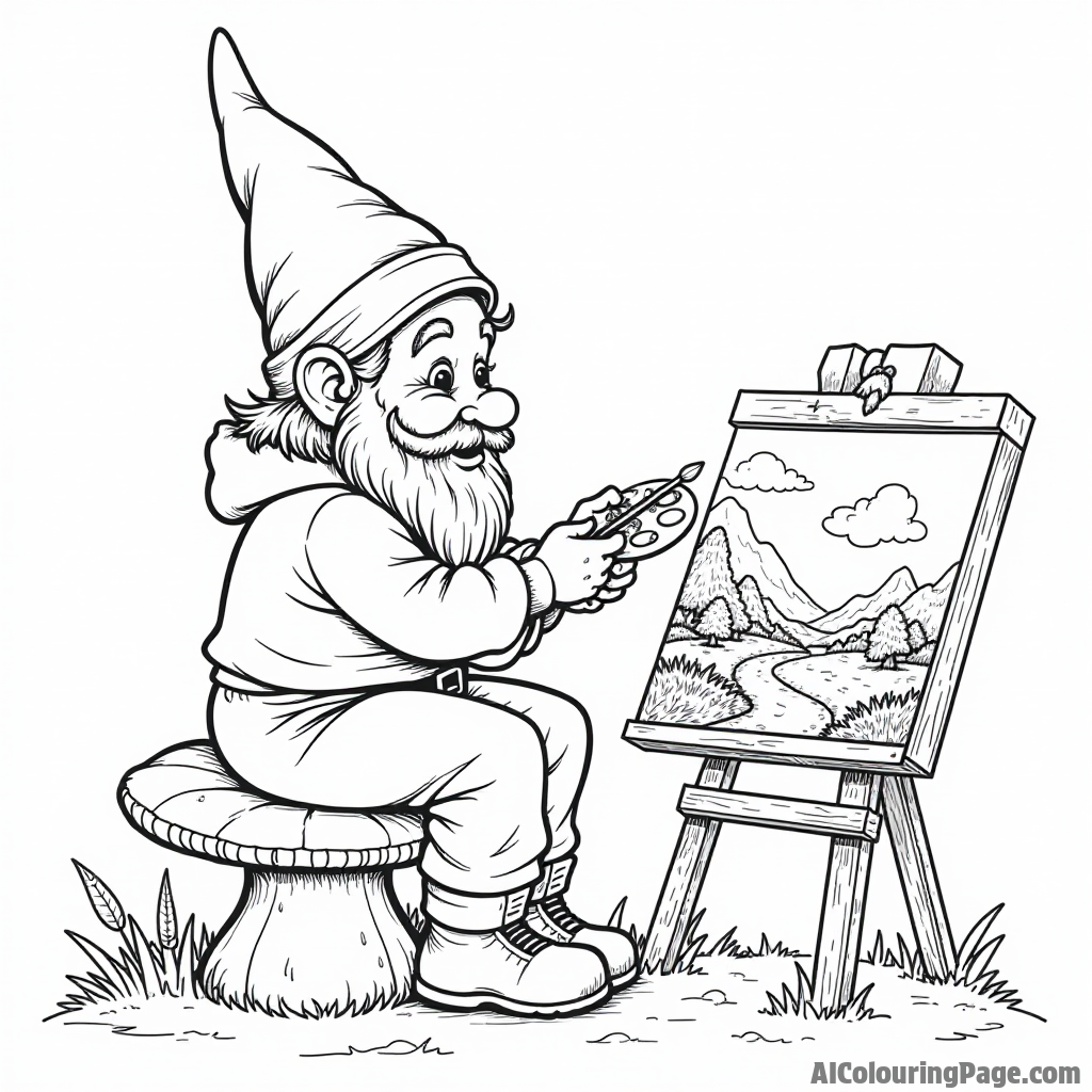 A gnome sitting on a toadstool, painting a colorful landscape with a palette and brushes in his tiny hands.