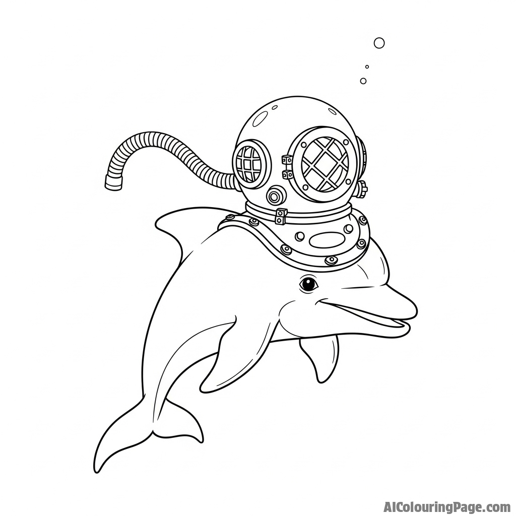 A whimsical, anthropomorphic illustration of a dolphin wearing a tiny, old-fashioned diving helmet.