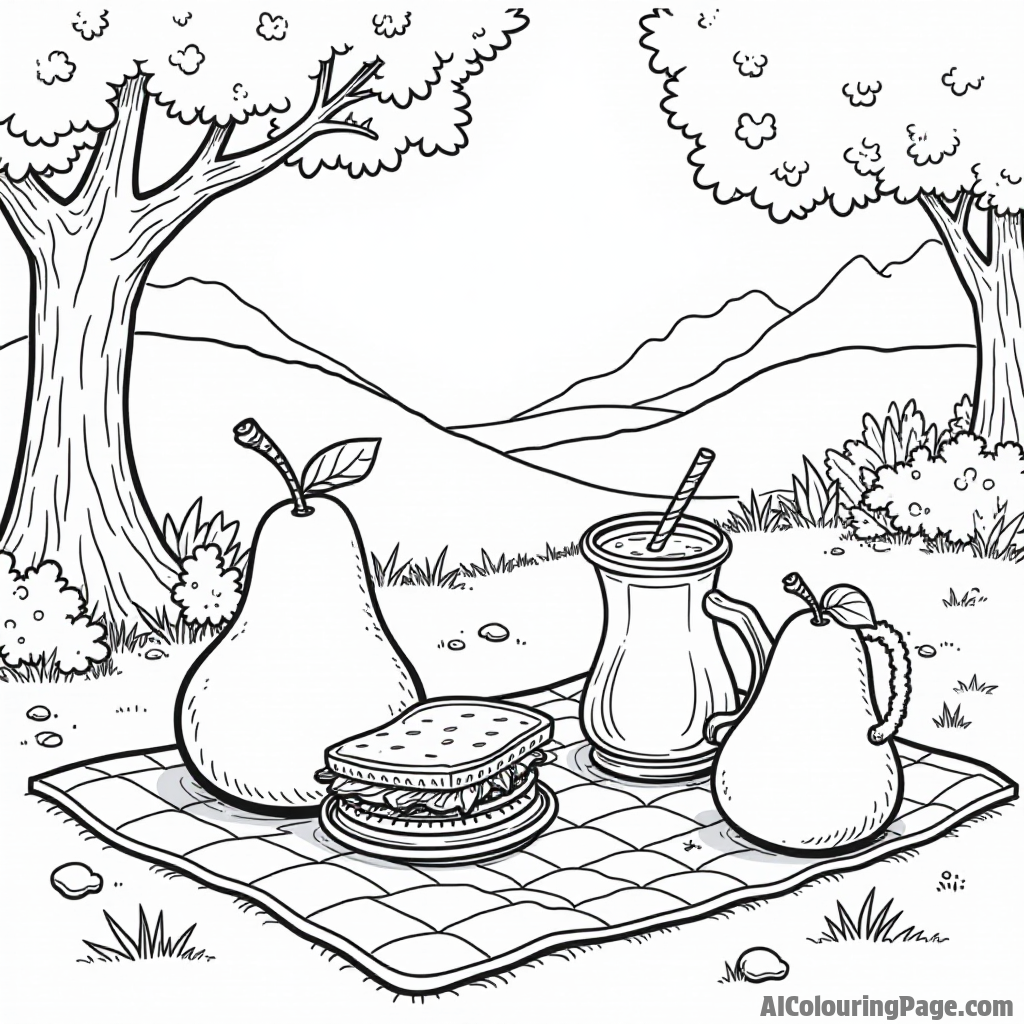 A pear picnic scene with a picnic blanket, sandwiches, and lemonade, inviting children to color the joyful outdoor gathering.