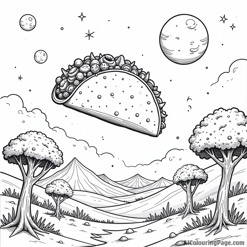 A taco-shaped spaceship landing on a planet filled with giant taco trees and friendly aliens waving hello.