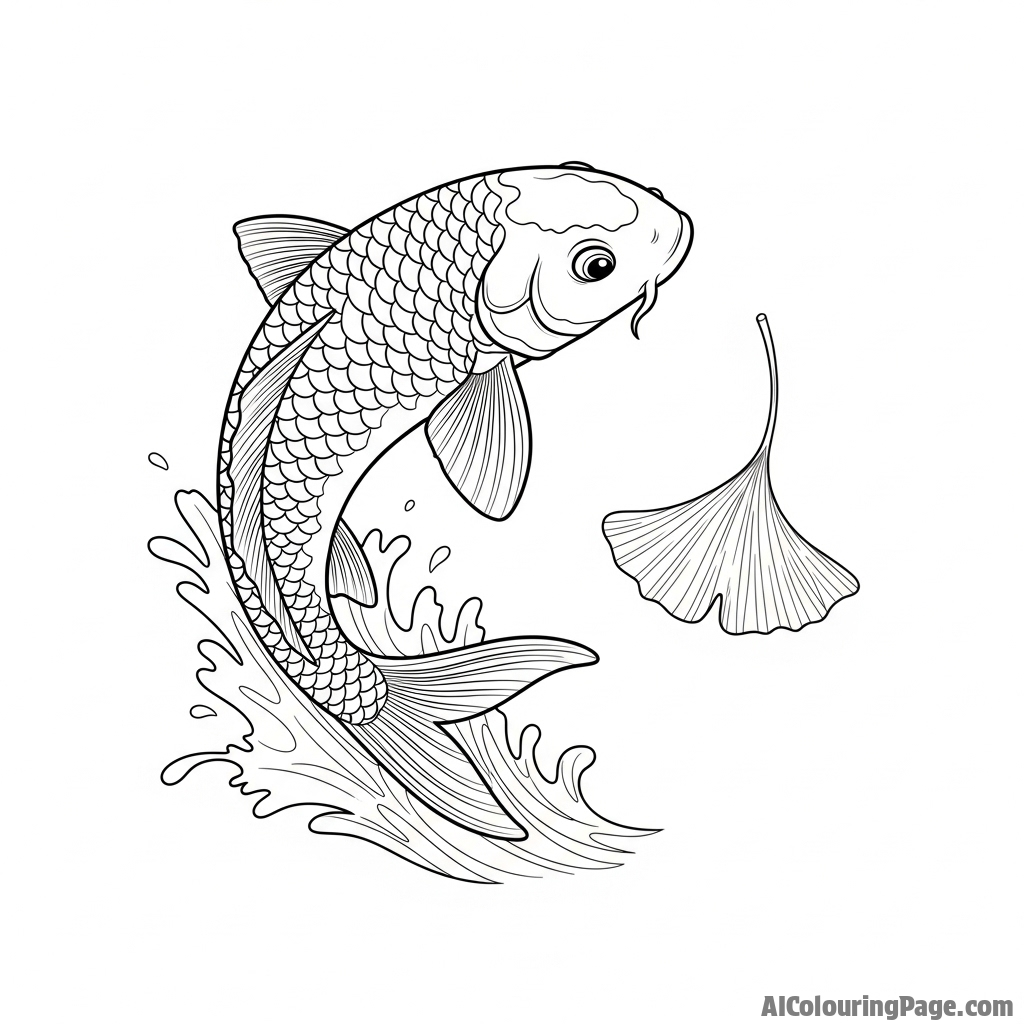 An energetic koi leaping from the water, its body captured mid-air next to a falling ginkgo leaf.