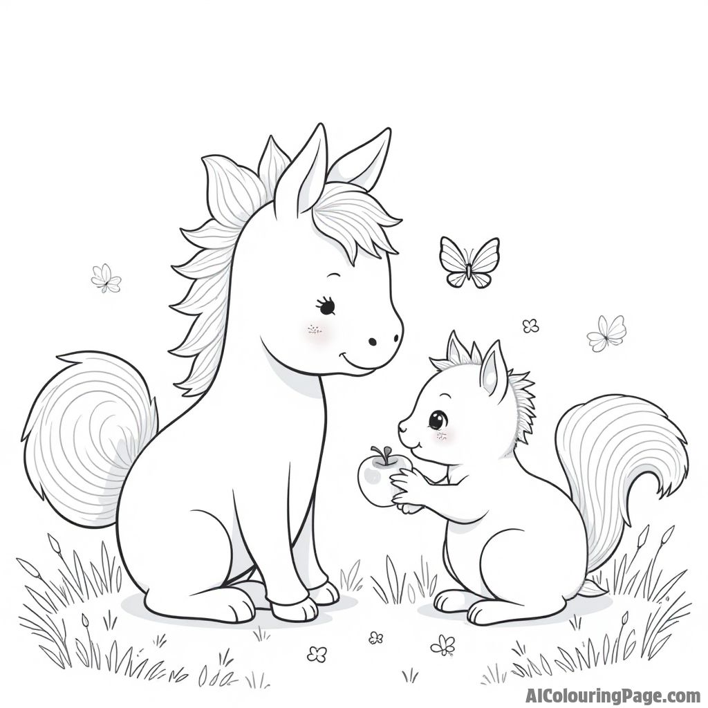 A pony and a squirrel sharing an apple in a tranquil meadow with butterflies dancing around them.