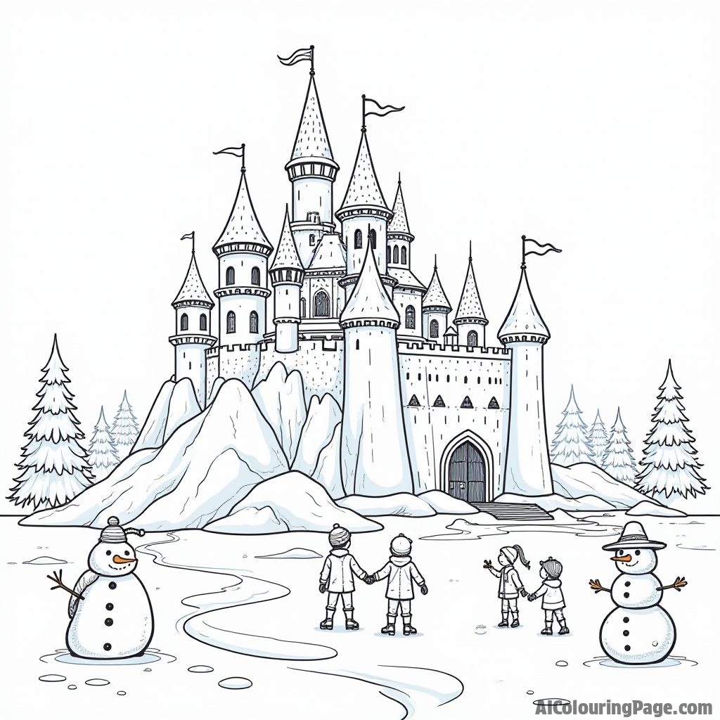 A majestic ice castle with kids ice skating nearby, surrounded by snowmen and reindeer, creating a magical winter wonderland scene for children to color and explore their creativity.