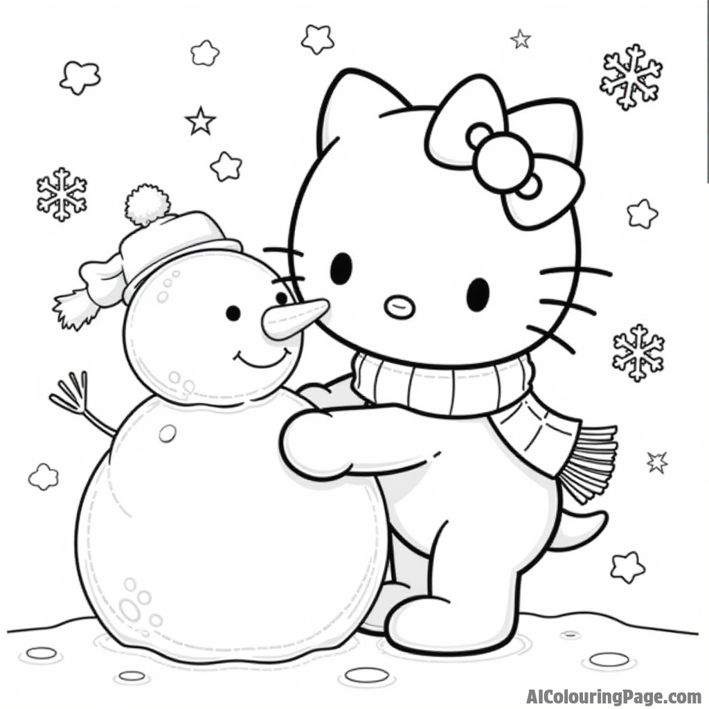 Hello Kitty building a snowman with a scarf, carrot nose, and a cheerful snowflake backdrop