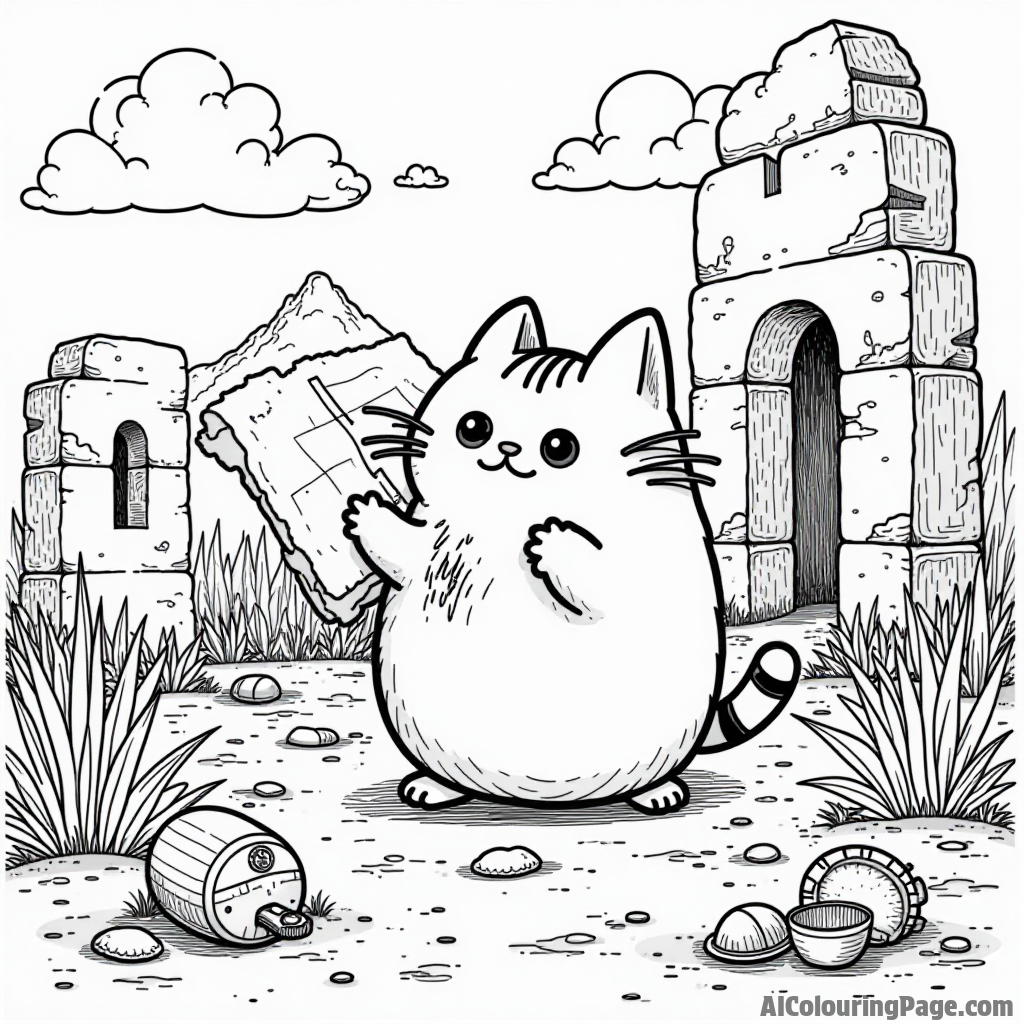 Pusheen exploring ancient ruins with a treasure map and artifacts scattered around, looking curious and adventurous