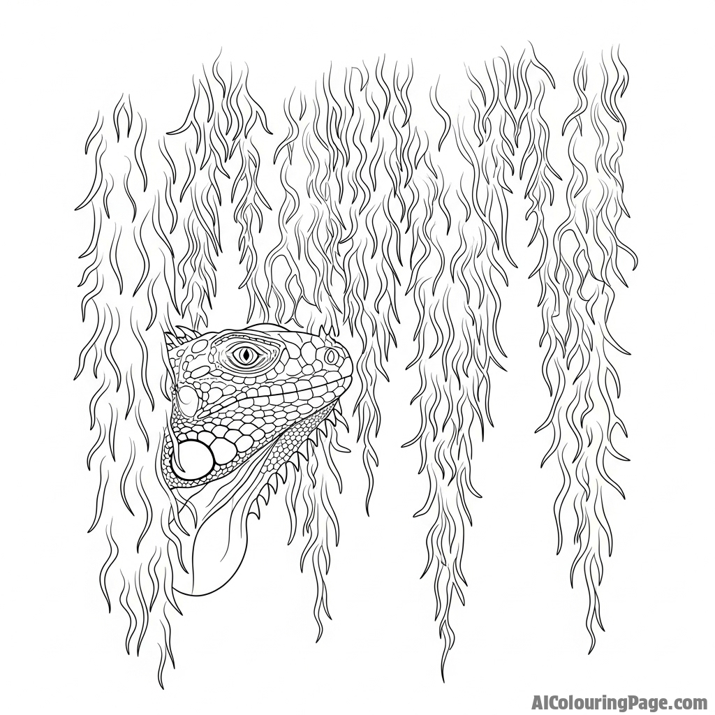 An iguana peering through a curtain of hanging moss.