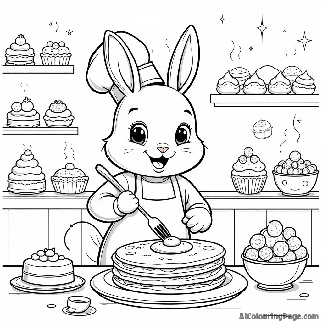 A cute rabbit chef decorating pancakes with colorful fruits and whipped cream in a bakery filled with sweet treats