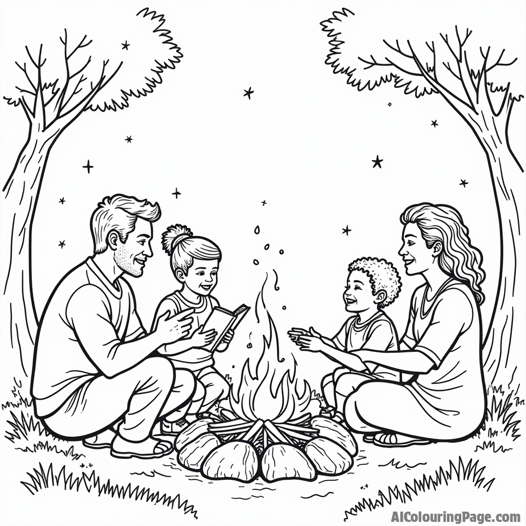 A family gathering around a fire pit during Kwanzaa, sharing stories and laughter, with silhouettes of trees and stars in the background, ideal for a black and white coloring sheet.