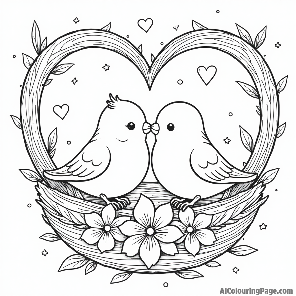 A pair of cartoon lovebirds sitting inside a heart-shaped nest surrounded by flowers and stars for Valentine’s Day