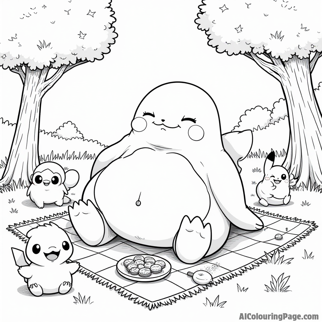 A friendly Snorlax lounging on a picnic blanket with tasty snacks and a bunch of happy Pokémon around.