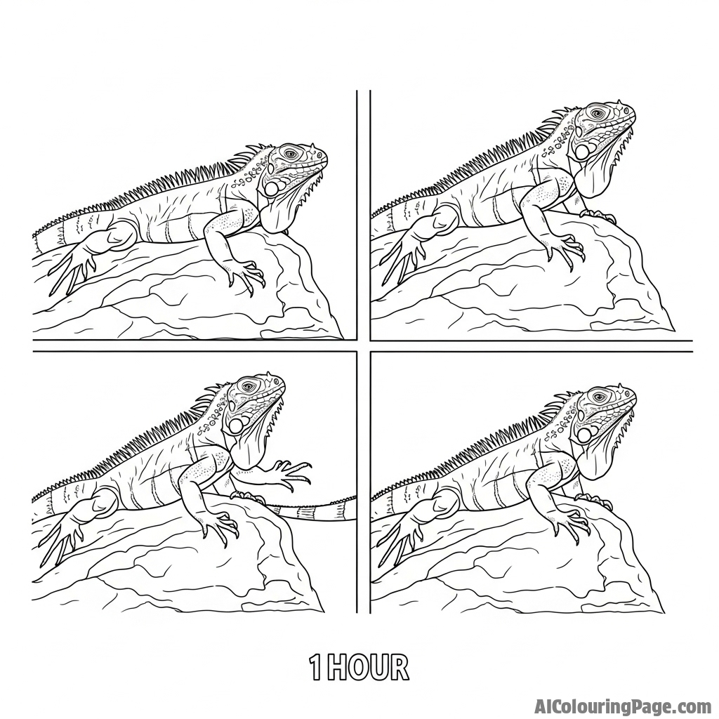 A time-lapse photograph showing the subtle movements of a basking iguana over an hour.
