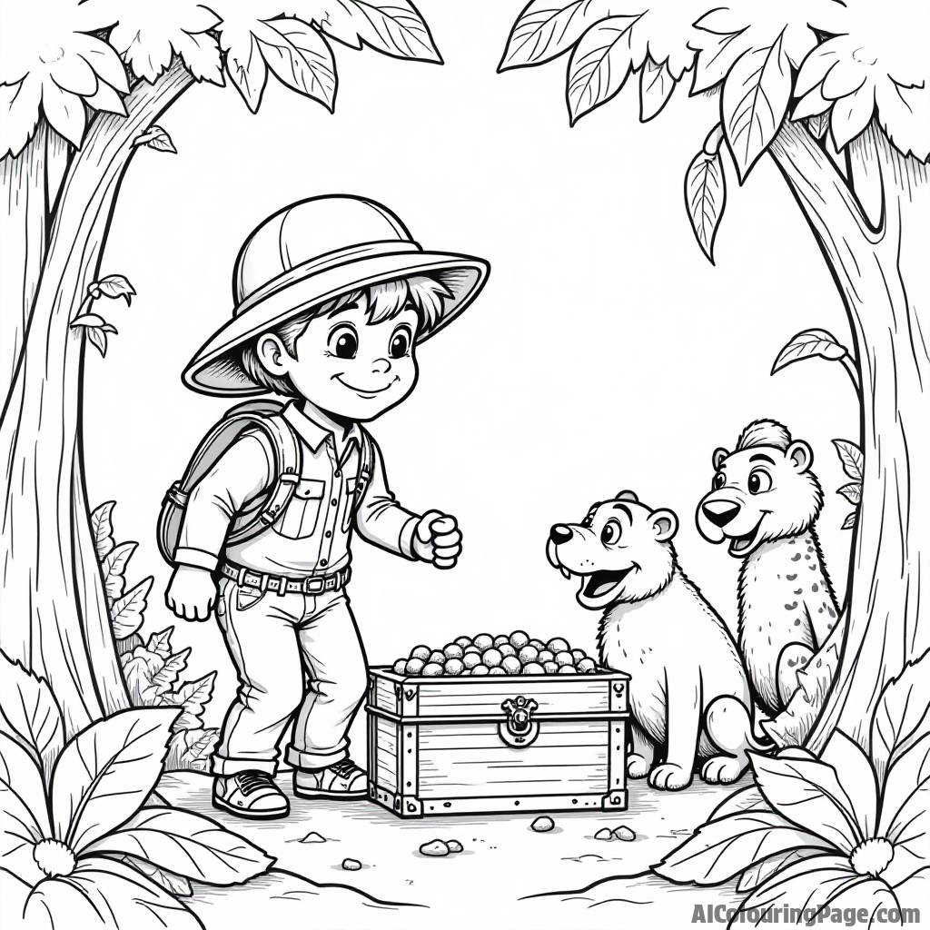 A young adventurer discovering a hidden treasure chest among jungle vines, with surprised animals peeking curiously, creating an imaginative coloring scene for kids inspired by jungle exploration.