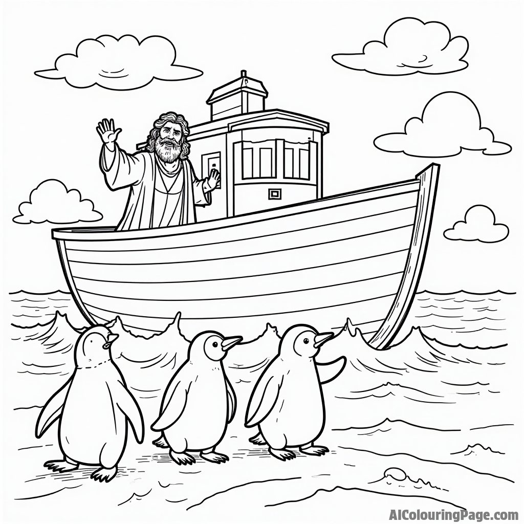 A family of penguins waddling towards the ark with Noah waving, and a big whale splashing in the ocean nearby.