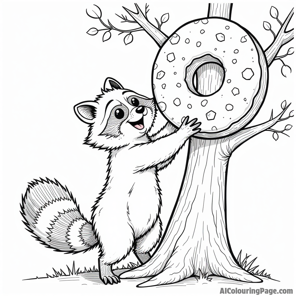 An adventurous raccoon climbing a giant donut tree, reaching for the biggest donut with a determined expression.