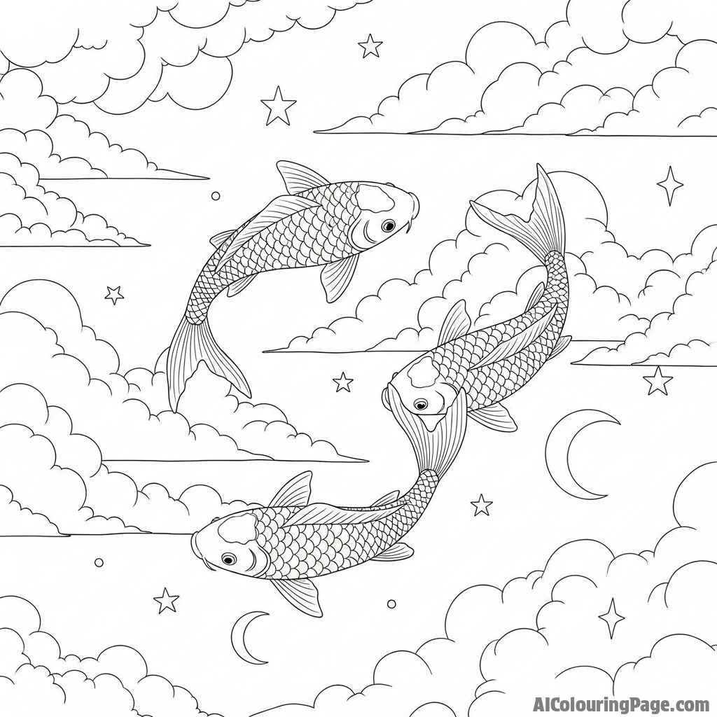 A surrealist image of koi fish swimming serenely through fluffy, white clouds.