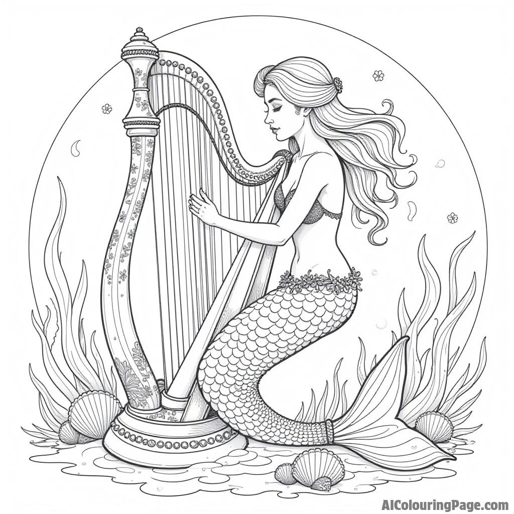 A mermaid playing a harp made of seashells, surrounded by enchanted sea creatures, under a shimmering underwater light.