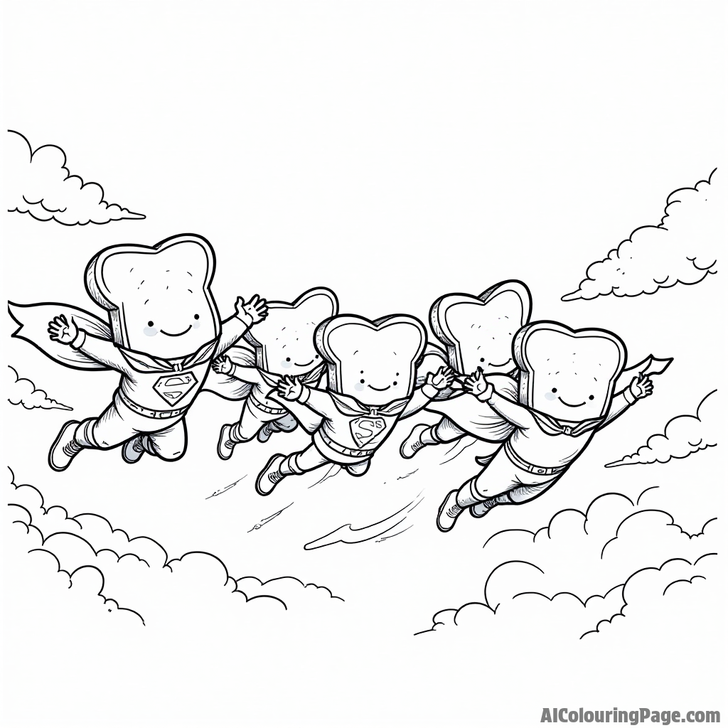 A group of bread superheroes flying through the sky, wearing capes made of various bread types and saving the day.