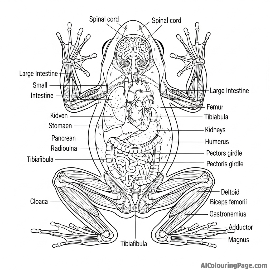 A detailed scientific illustration of a frog's anatomy, with labels.