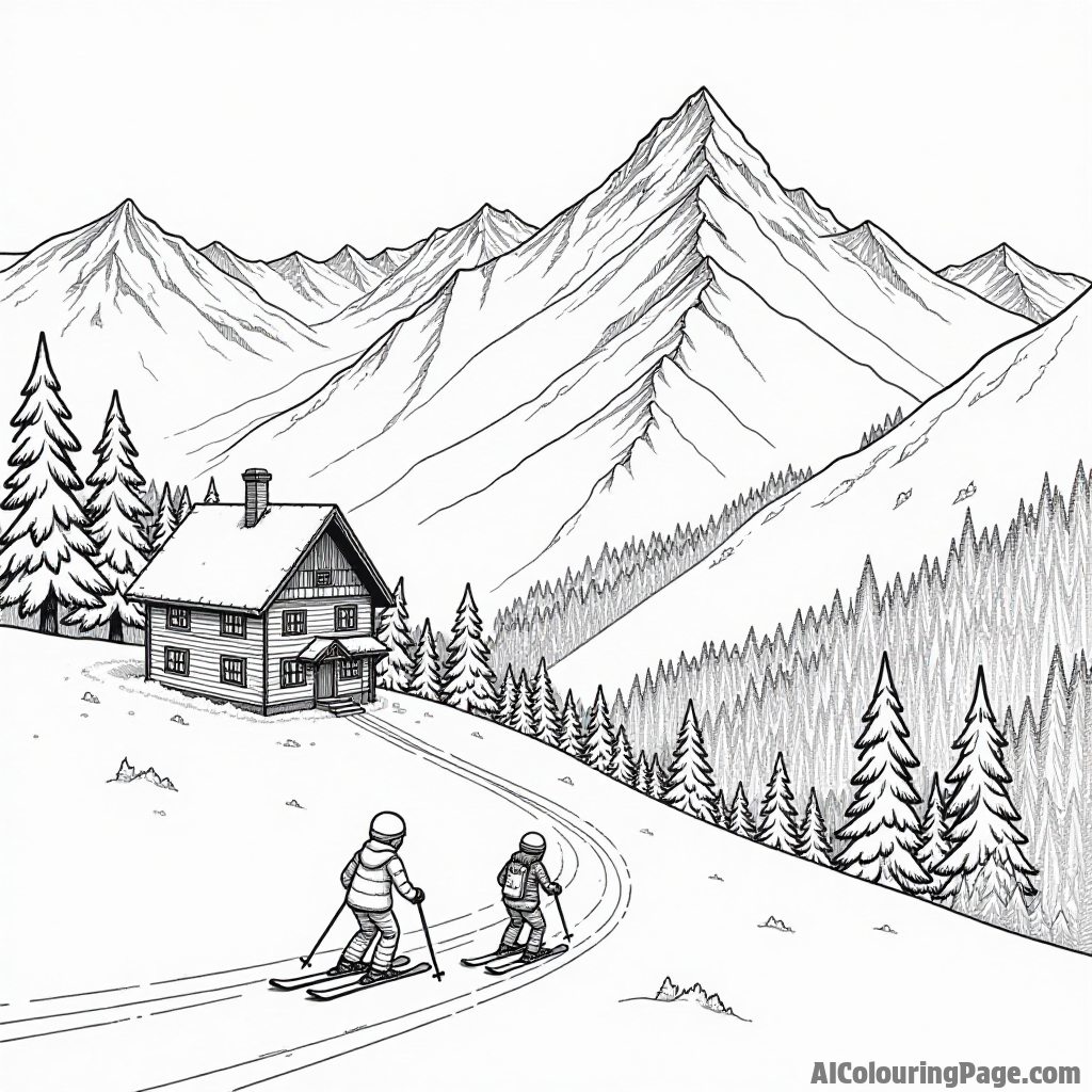 A snow-covered mountain landscape with a cozy ski lodge and children skiing down the slopes, ready to color.