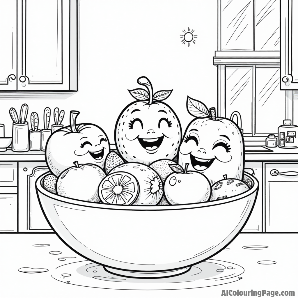 A cheerful fruit salad bowl with various fruit characters, smiling and enjoying each other's company in a sunny kitchen.