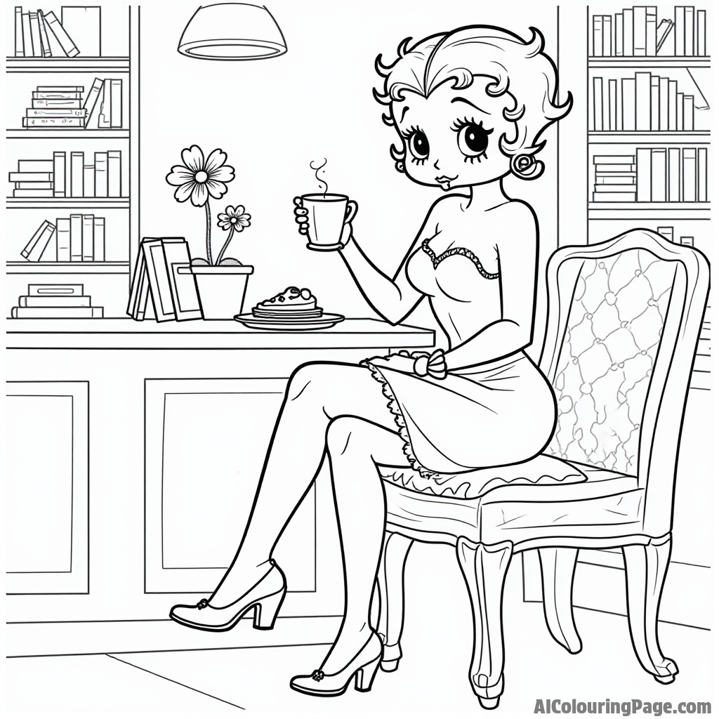 Betty Boop in a cozy coffee shop surrounded by books and pastries, enjoying a peaceful moment with friends