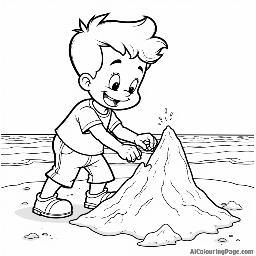 Johnny Bravo building a sandcastle on the beach with a bucket and shovel