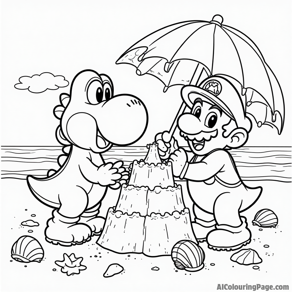 Yoshi and Mario building a sandcastle at the beach with seashells and a colorful umbrella.