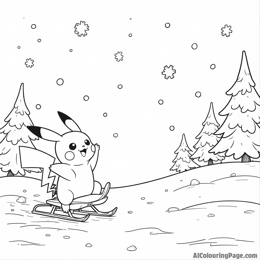 Pikachu playing in a snowy landscape with snowflakes, a sled, and snow-covered trees