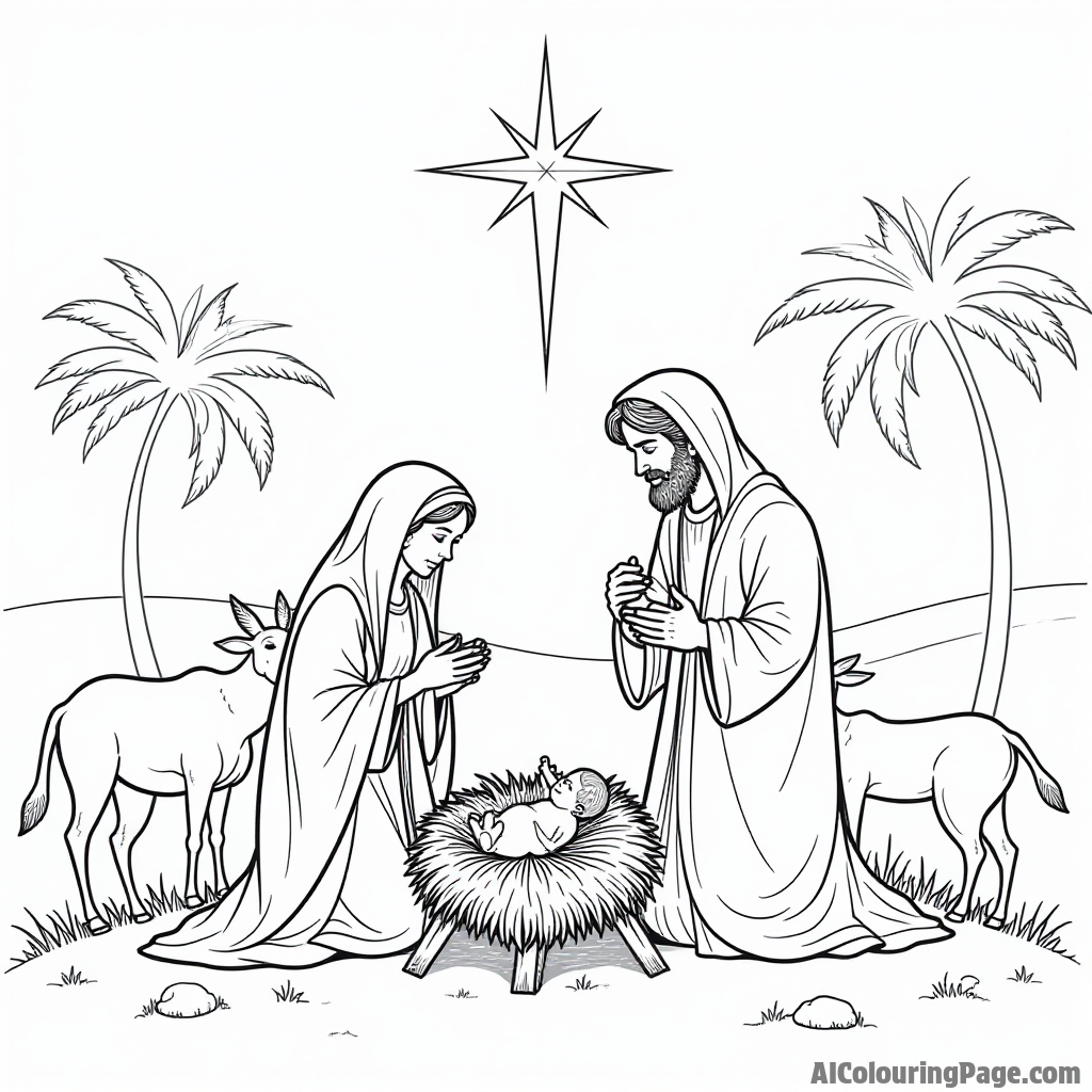 A depiction of the Nativity scene, with Mary, Joseph, and baby Jesus surrounded by animals and a bright star above.