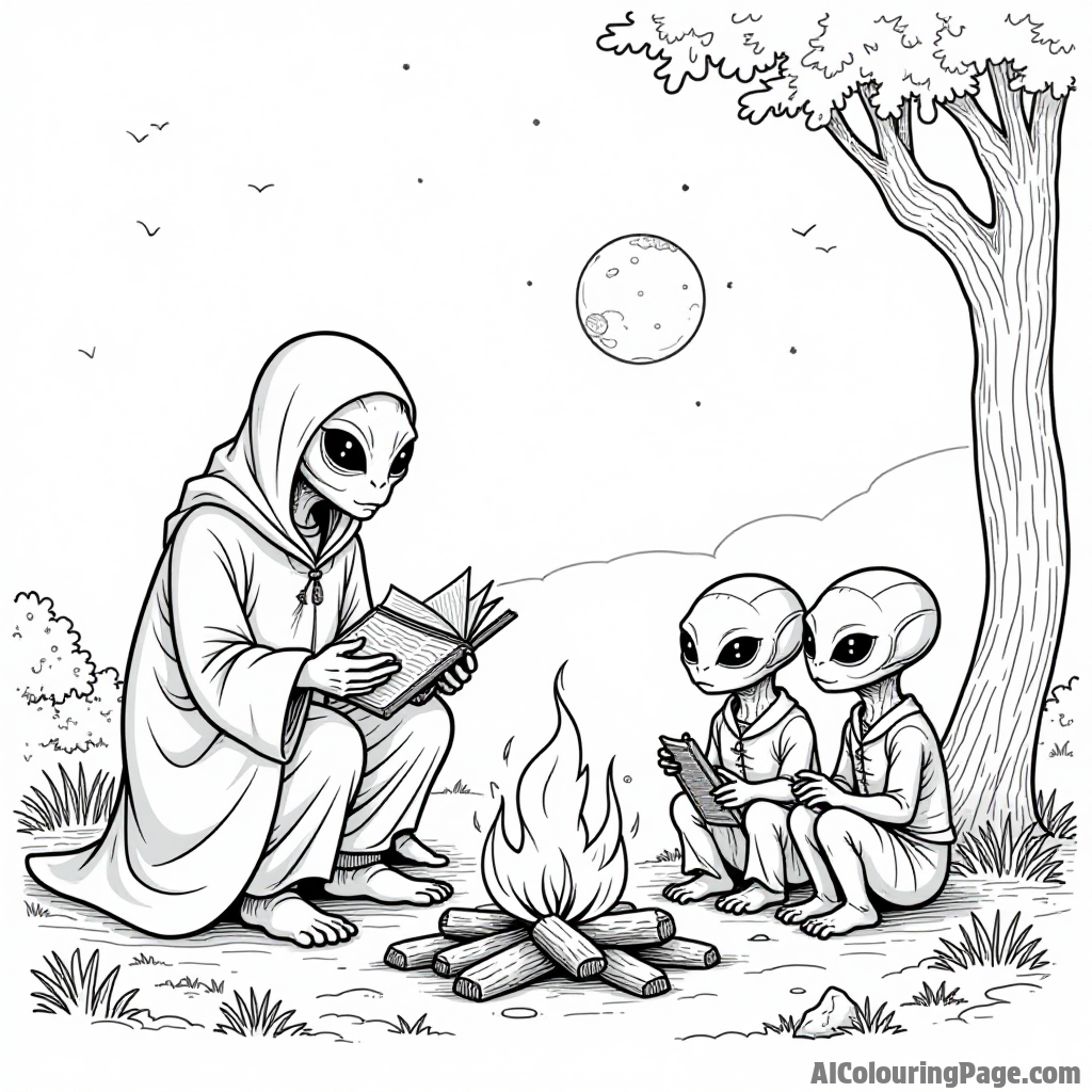 A wise alien elder telling stories to curious younger aliens around a campfire on a distant planet, full of wonder.