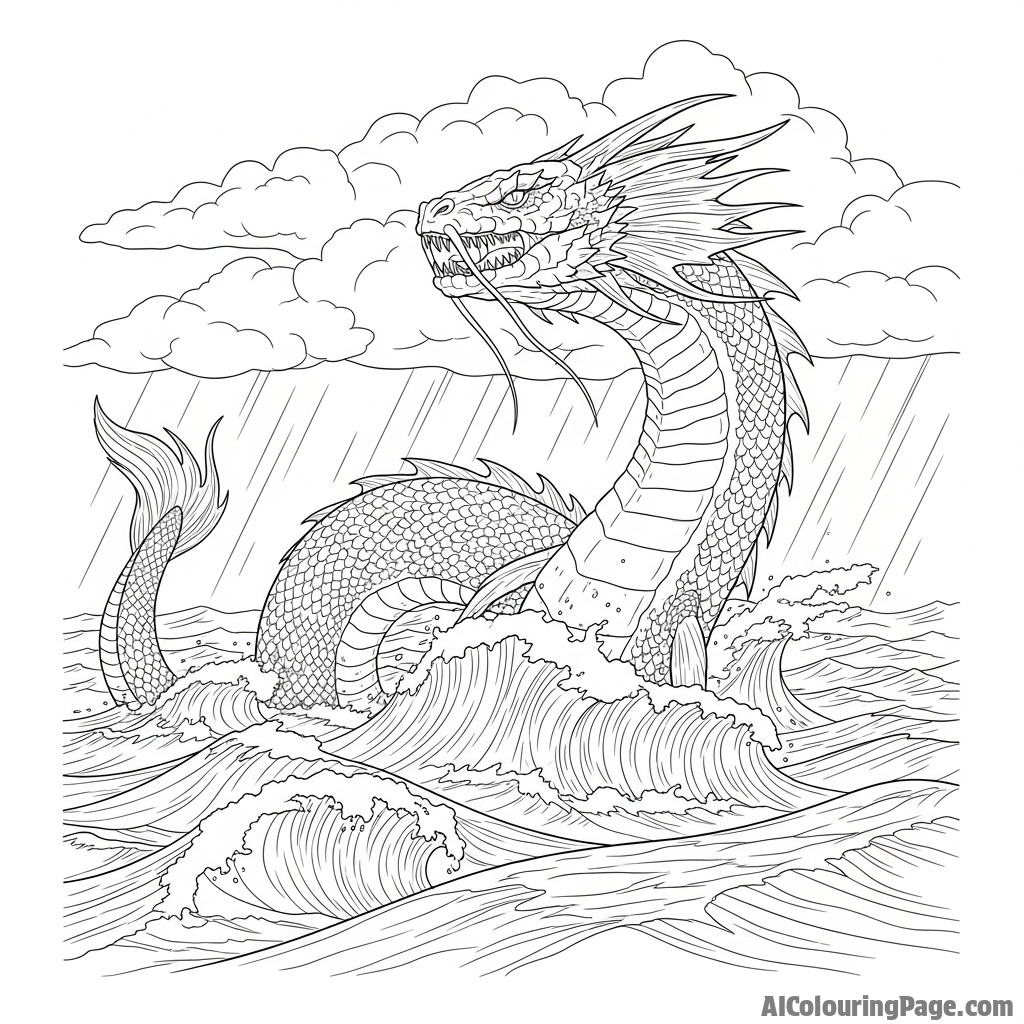 A colossal sea serpent breaching the surface of a stormy ocean, dwarfing the waves.