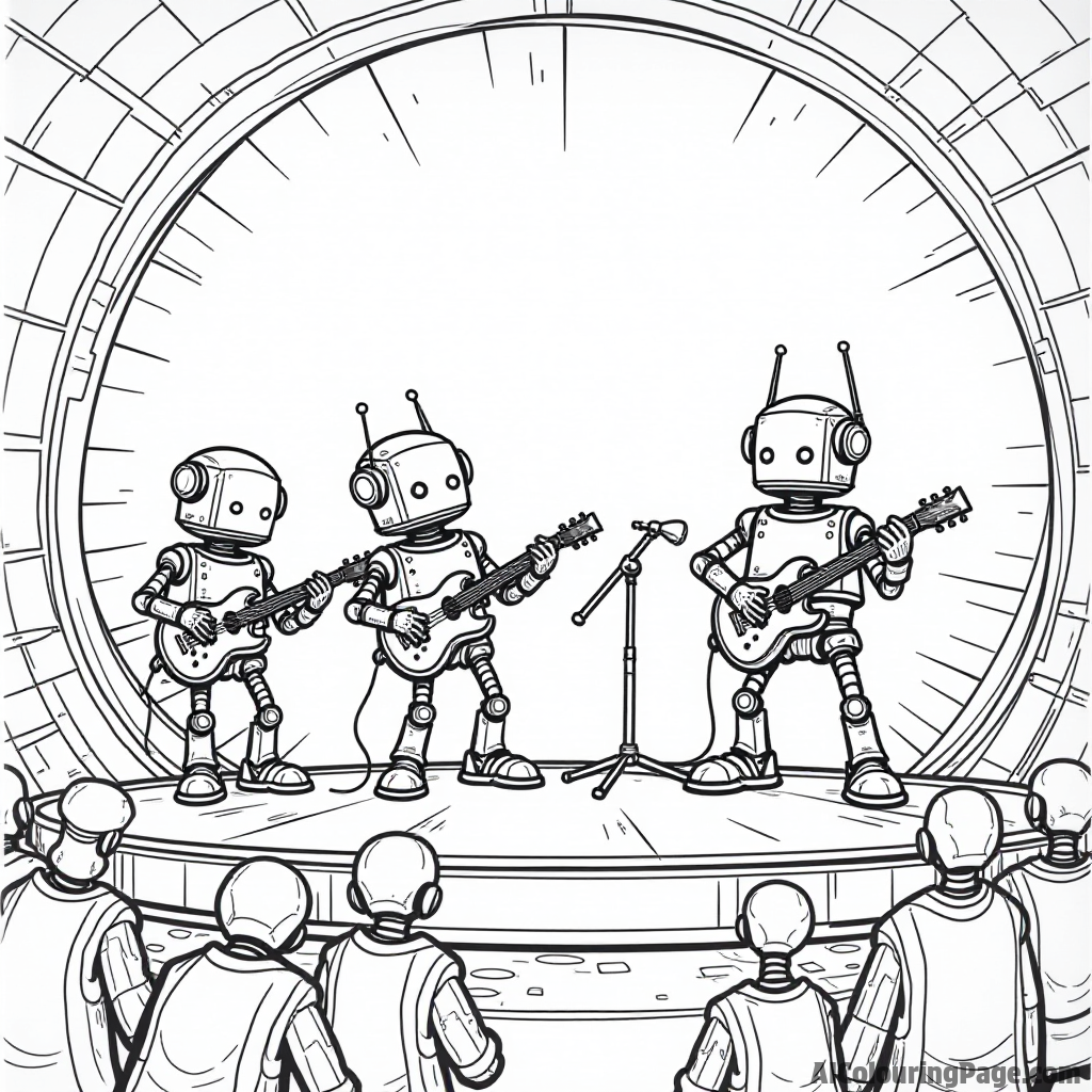 A group of quirky robots playing musical instruments on a spaceship stage, surrounded by cheering alien audience members.