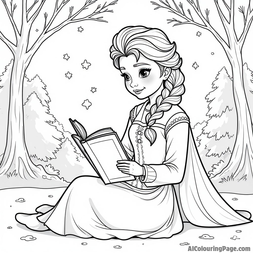 Elsa reading a magical book in a snowy landscape