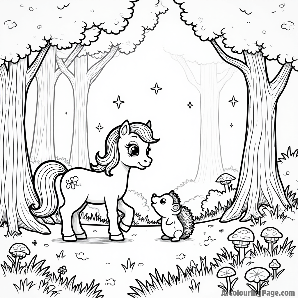 A pony and a hedgehog exploring a forest filled with towering trees, colorful mushrooms, and sparkling fireflies.