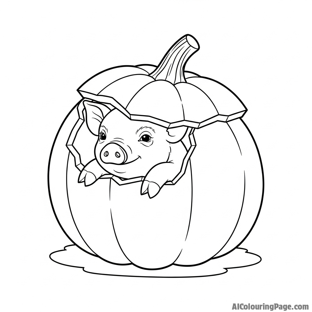 A piglet trying to hide inside a hollow pumpkin for a game of hide-and-seek.