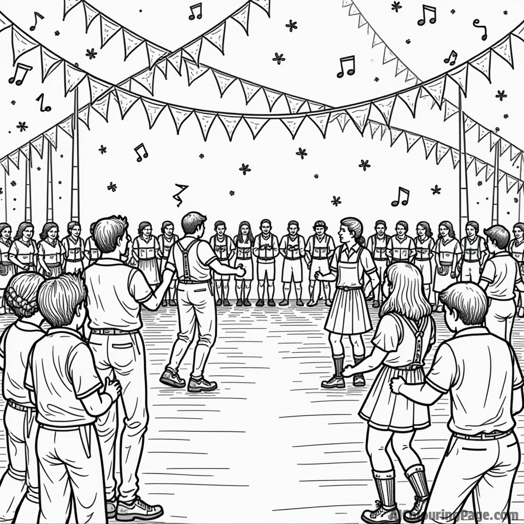 A vibrant Oktoberfest celebration with people participating in a dance circle, lively music notes floating around, and colorful decorations, creating an energetic atmosphere for a coloring page.