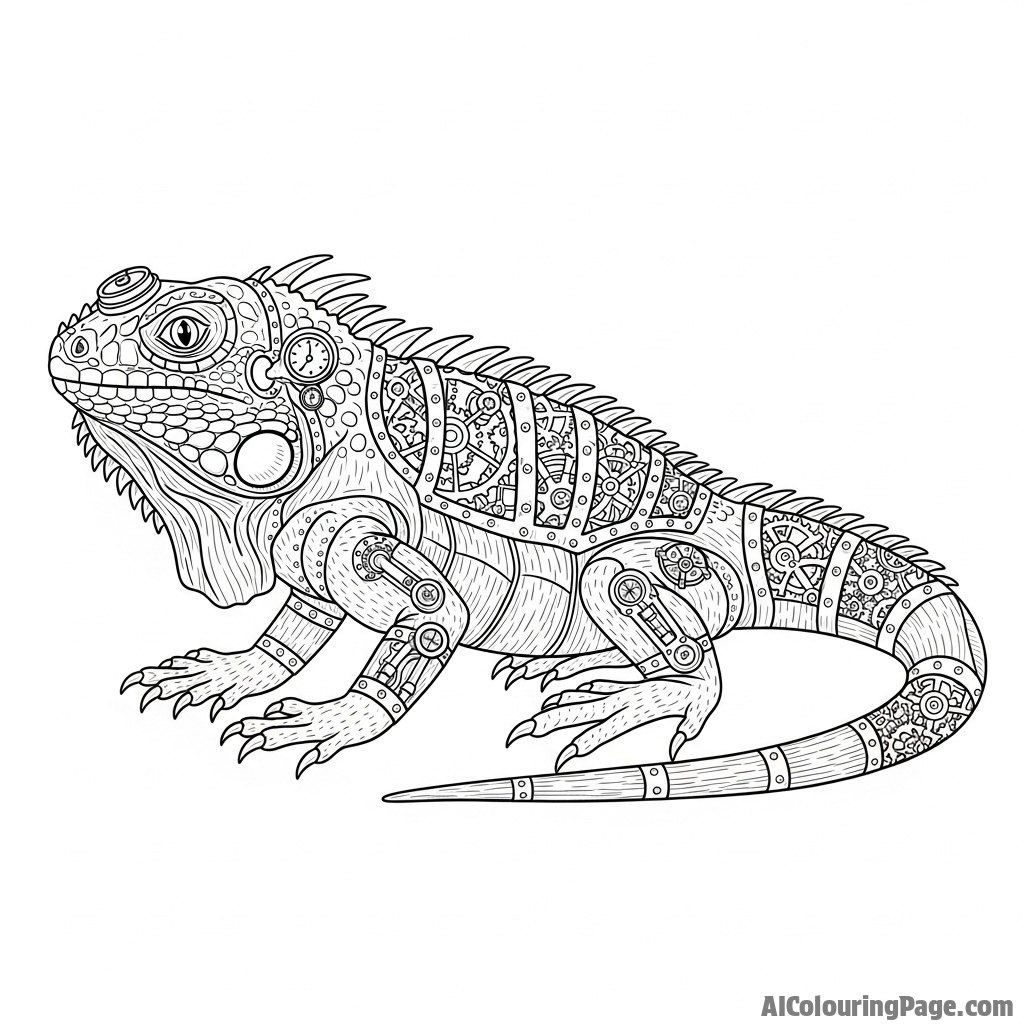 A steampunk iguana with brass gears and clockwork mechanisms visible beneath its scales.