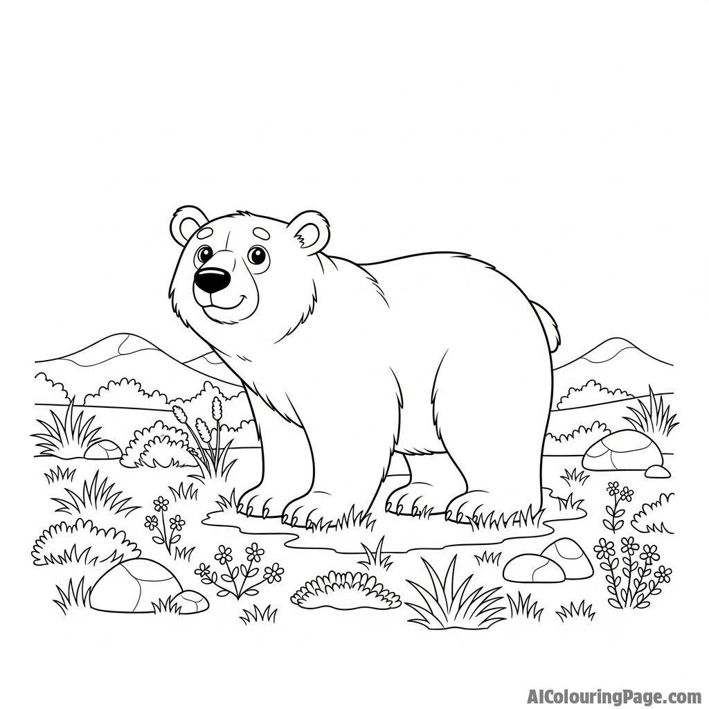 A polar bear on a summer tundra, surrounded by hardy, low-lying vegetation.
