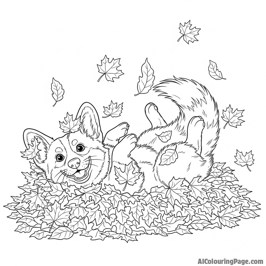 A corgi rolling ecstatically in a huge pile of crisp autumn leaves.