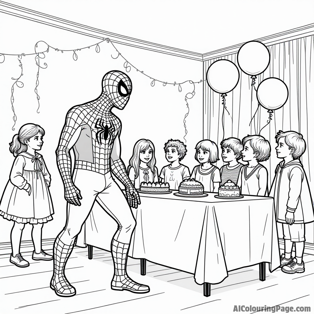 Spiderman attending a costume party with kids, colorful costumes everywhere, balloons and streamers decorating the room