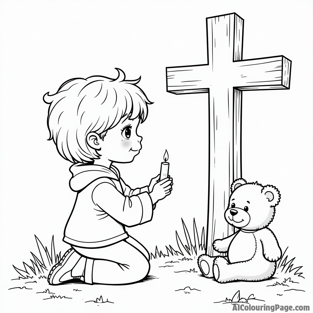 A child kneeling beside a cross, with a soft teddy bear and a glowing candle, creating a heartwarming coloring experience.