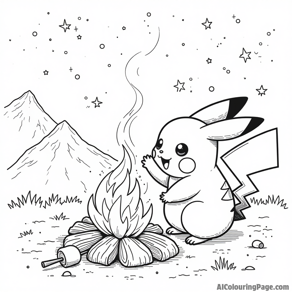 Pikachu enjoying a campfire at night with stars twinkling and marshmallows roasting on sticks