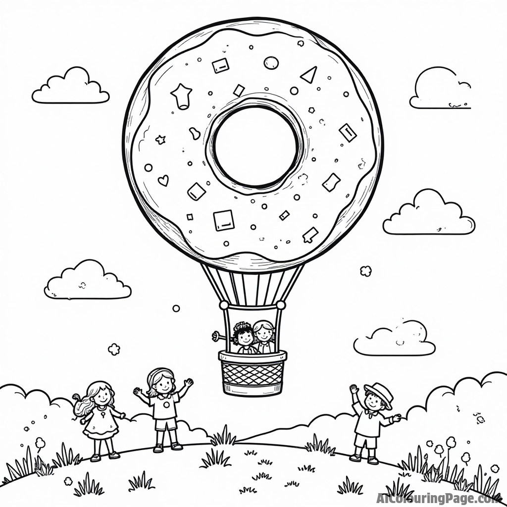 A donut-shaped hot air balloon floating over a vibrant landscape with children waving up from below.