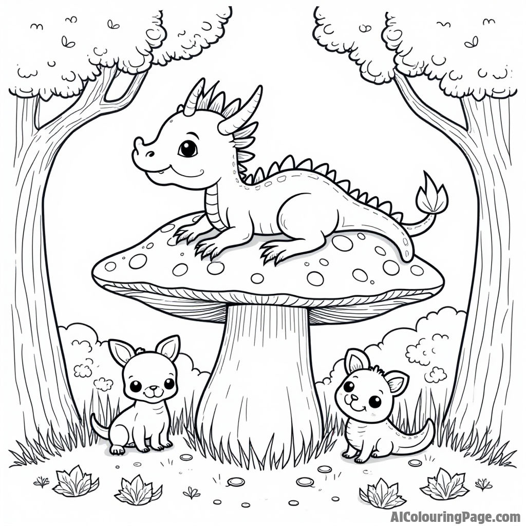 A dragon resting on a giant mushroom surrounded by cute woodland creatures in a whimsical forest.