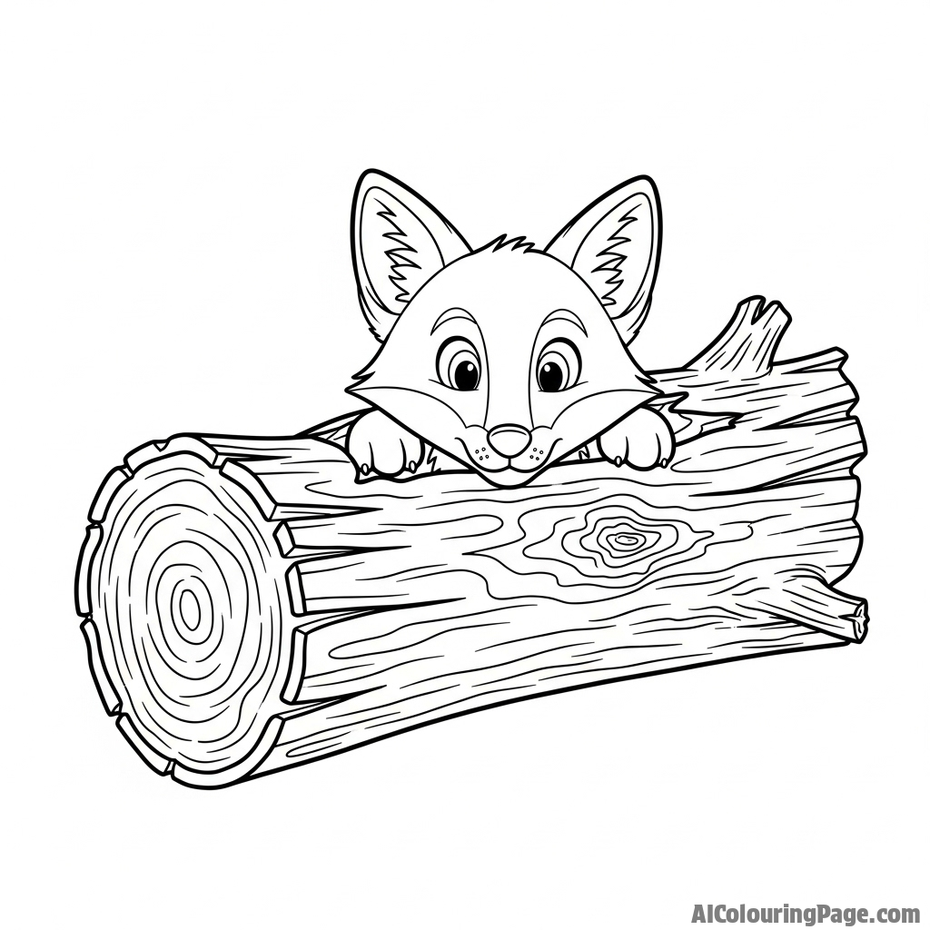 A fox peeking its head out from a hollow log, framed by the textured wood.